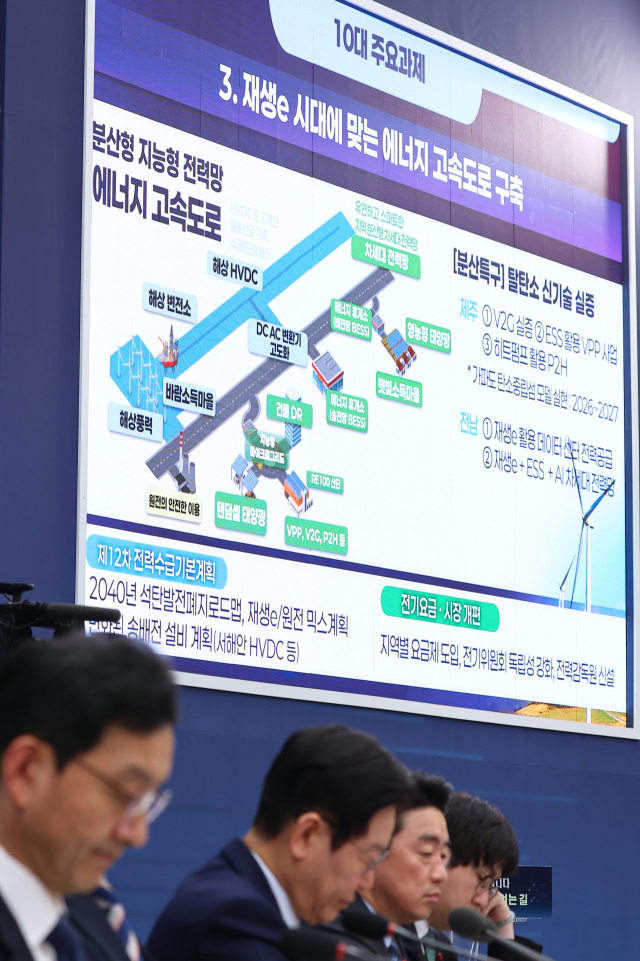 이재명 대통령이 17일 정부세종컨벤션센터에서 열린 기후부(기상청)·원안위 업무보고에서 에너지 고속도로 구축 관련 업무보고를 경청하고 있다. 연합뉴스