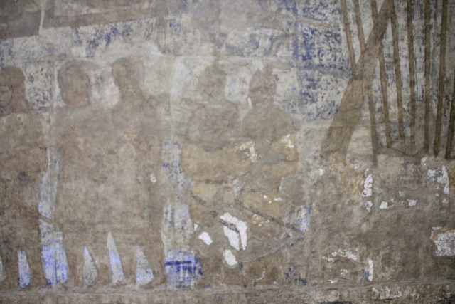 돌궐 왕 바르후만(佛呼縵) 궁전 벽화. 650년 경. 머리에 새깃털을 꽂은 조우관(鳥羽冠)차림의 고구려 사절 2명이 등장한다. 우즈베키스탄 사마르칸드 아프라시압 박물관.