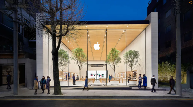 일본 도쿄 애플 마루노우치는 일본 최대의 애플스토어로, 특수 주조된 알루미늄으로 만든 2층 유리창으로 입체적인 둥근 모서리를 가지고 있으며, 내부의 대나무는 창문을 통해 외부에 보여지는 것이특징이다. Apple