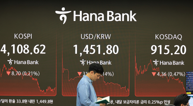 24일 서울 중구 하나은행 본점에서 직원들이 증시와 환율을 모니터하고 있다. 이날 원·달러 환율은 33.8원 내린 1,449.8원으로 3년 1개월 만에 최대폭 하락했다. 코스피는 전장보다 8.70포인트(0.21%) 내린 4,108.62에 거래를 마감했다. 연합뉴스