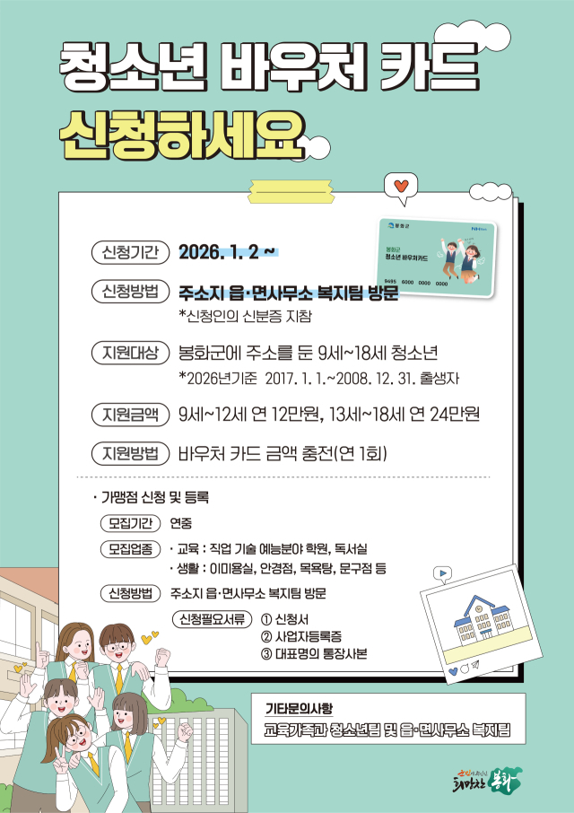 봉화군 청소년 바우처 카드 신청 안내 포스터. 봉화군 제공