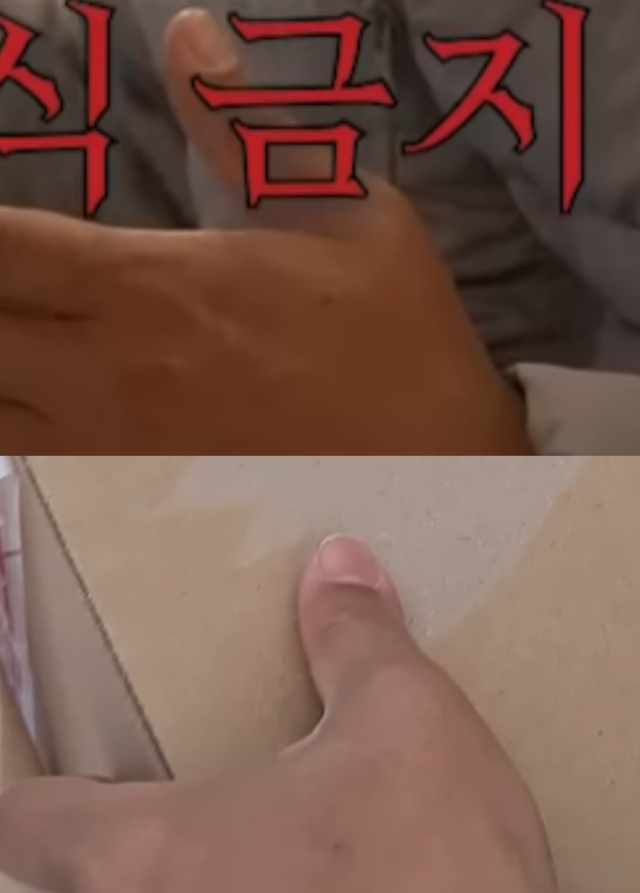 이상식 전 예산시장 상인회 사무국장이 2023년 4월 한 유튜브 채널에 출연했을 당시 촬영된 영상 속 그의 왼손(위)과 지난해 6월20일 김재환 씨가 자신의 유튜브에 