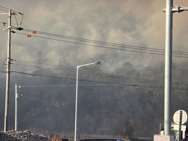 10일 오후 3시 15분쯤 의성군 의성읍 비봉리 한 야산에서 불이 발생해 빠르게 확산 중이다. 이희대 기자