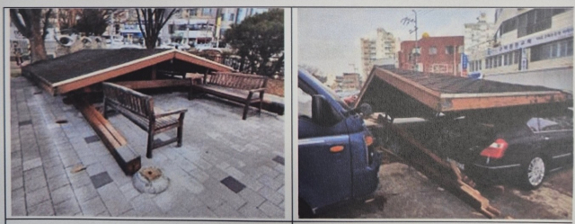 경북 구미 전역에 강한 바람이 몰아치면서 정자 2개소가 붕괴됐다. 구미시 제공