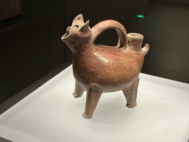 대문구문화 돼지규. 붉은 몸체를 하고 있고, 등에는 아치형의 손잡이가 달려 있으며, 손잡이 뒤쪽에는 술이나 물을 붓는 구멍이 있다.