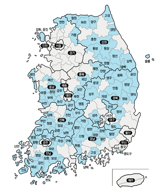 2021년 10월 지정된 인구감소지역 89개 시군구. 올해(2026년) 10월 다시 지정 절차를 밟는다. 이재명 정부의 지방소멸 대응 중간평가가 될 전망이다. 행정안전부