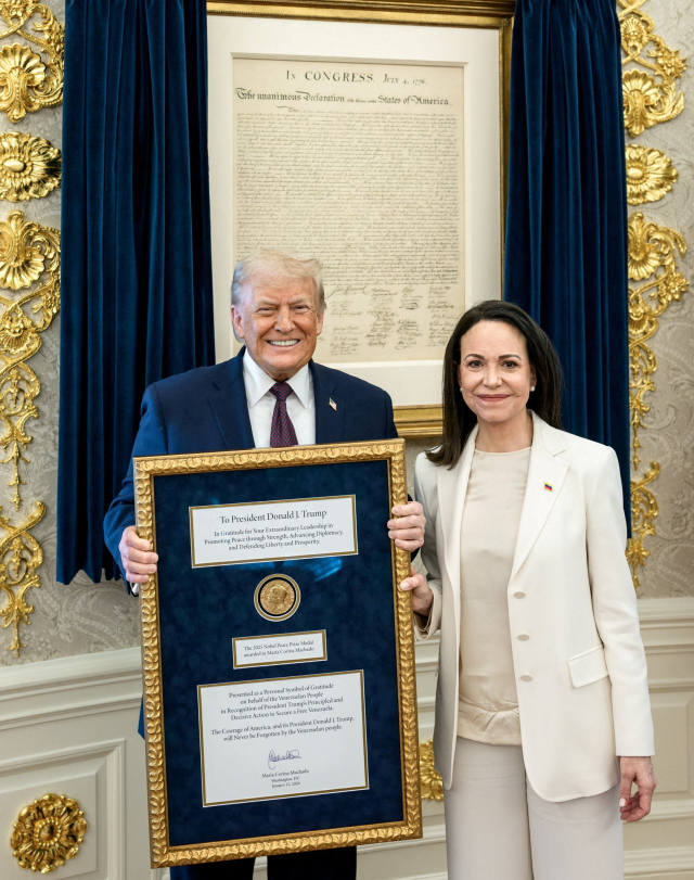 도널드 트럼프 미국 대통령이 15일(현지시간) 워싱턴DC 백악관 집무실에서 베네수엘라 야권지도자 마리아 코리나 마차도와 회동했다. 이 자리에서 마차도는 트럼프 대통령에게 자신이 한 달 전 받은 노벨평화상 순금 메달을 헌정했다. 로이터 연합뉴스