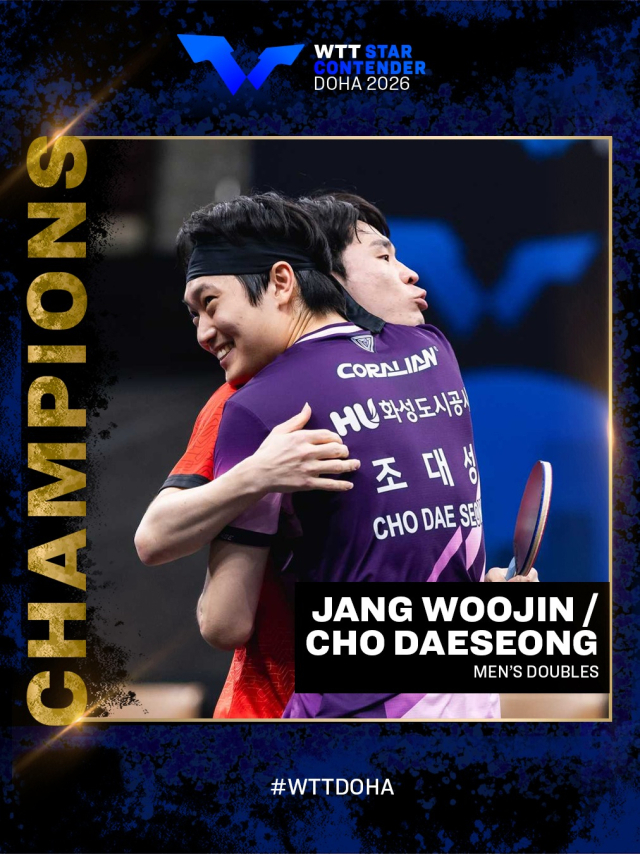 WTT 스타 컨텐더 도하 남자복식 우승을 합작한 조대성(앞)과 장우진. WTT 인스타그램 캡쳐