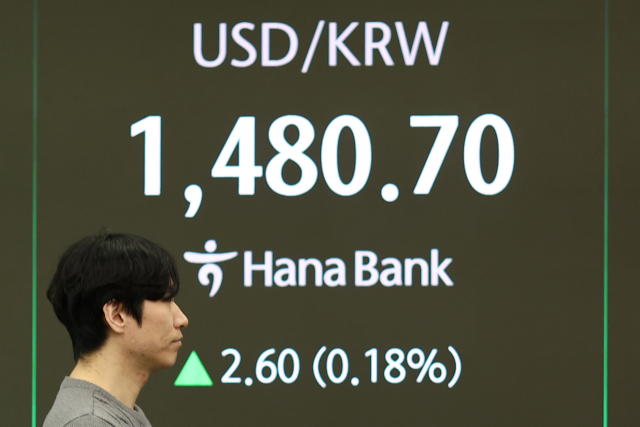 원/달러 환율이 2.3원 오른 1,480.4원에 개장한 21일 하나은행 본점 딜링룸에서 딜러가 업무를 보고 있다. 연합뉴스