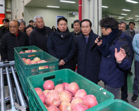 의성군, 인공지능 활용 사과 선별기 시연회 열어 