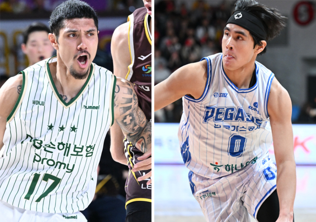 프로농구 대구 한국가스공사 페가수스의 샘조세프 벨란겔(오른쪽)과 원주 DB 프로미의 이선 알바노(왼쪽). KBL 제공.