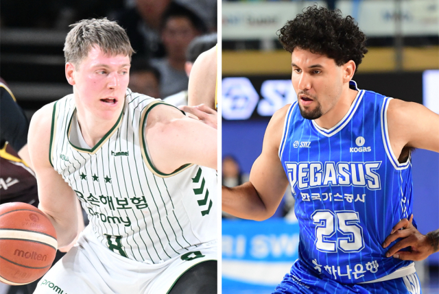 프로농구 대구 한국가스공사 페가수스의 베니 보트라이트(오른쪽)와 원주 DB 프로미의 헨리 앨런슨(왼쪽). KBL 제공.