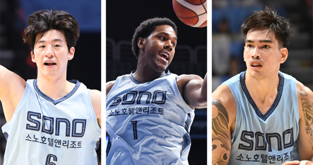 (왼쪽부터) 고양 소노 스카이거너스의 이정현, 네이던 나이트, 케빈 켐바오. KBL 제공