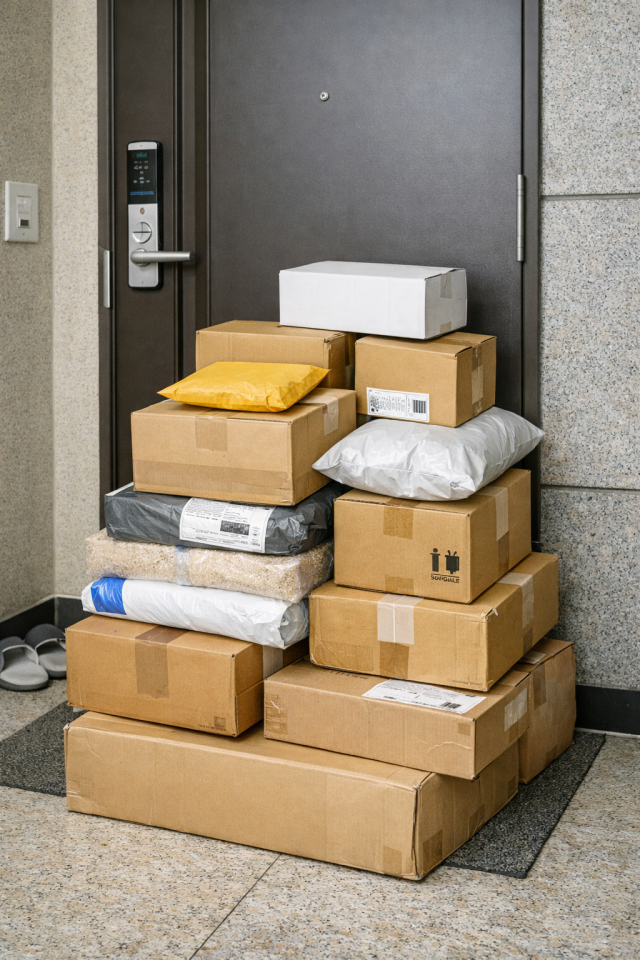 프리오더 상품은 늦게 도착하고, 그 사이 아이가 입을 옷은 계속 필요해진다. 반복된 구매로 배송 시기가 다른 택배들이 문 앞에 쌓여 있다.