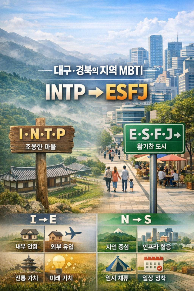 대구·경북 인구감소지역 다수는 현재 자연·전통 중심의 INTP 유형으로 분류됐지만, 주민들은 외부 인구 유입과 도시 인프라를 갖춘 ESFJ형 지역으로의 변화를 희망하는 것으로 나타났다. AI가 생성한 이미지.