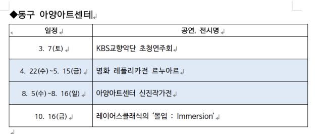 아양아트센터 연간 전시·공연 계획 일부