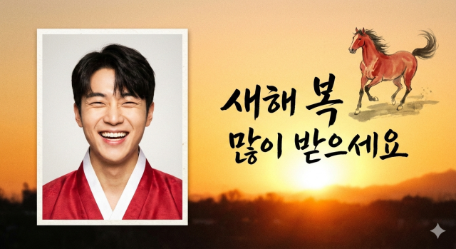 나노바나나를 통해 가상의 인물 증명사진으로 만든 AI 연하장. 이미지 생성까지는 단 5초도 걸리지 않았다.