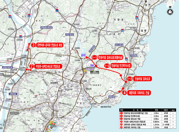 부산 전역 교통 정체 해소를 위해 추진되는 반송터널, 해운대로 지하차도 등 4개 혼잡도로 개선 사업 위치도. [사진=부산시]