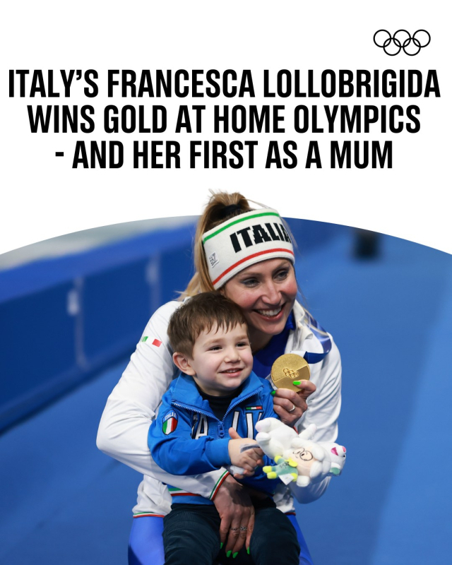 스피드스케이팅 여자 3,000m에서 금메달을 딴 이탈리아의 프란체스카 롤로브리지다와 아들 토마소. 롤로브리지다 SNS 제공