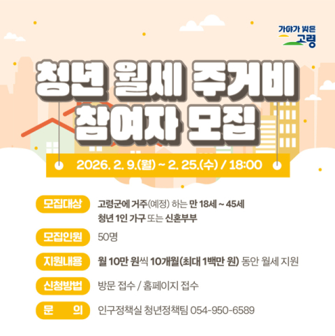 고령군, 청년 월세 주거비 지원사업 대상 모집