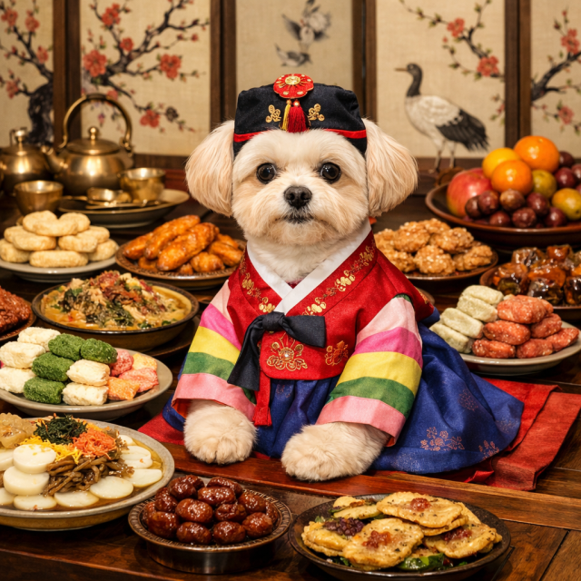 한복입은 강아지. AI로 생성한○ 이미지