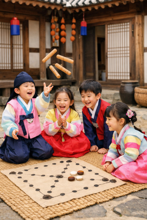 아이들이 한옥 마당에서 윷놀이 하는 쳇gpt 생성 이미지.