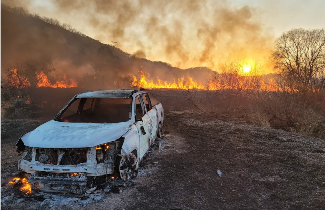 영천시 금호읍 황정리 금호강변에서 발생한 낚시 차량 및 주변 하천 화재 현장 모습. 경북소방본부 제공