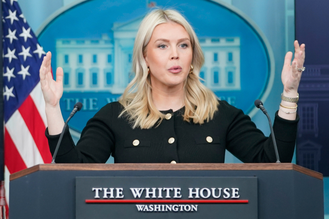 18일(현지시간) 미국 워싱턴 백악관에서 열린 기자회견에서 캐롤라인 레빗 백악관 대변인이 발언하고 있다. AP 연합뉴스