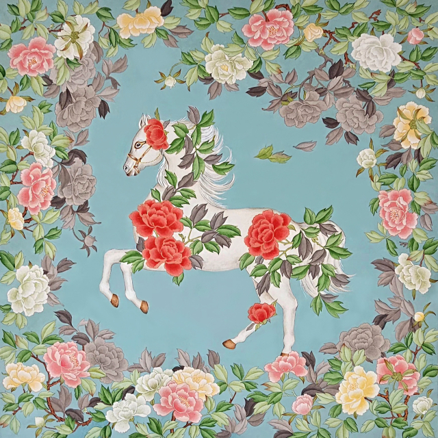 김지은, 꽃을 입은 말은 그저 머물며 피아나는 시간을 함께 견딘다, 순지에 전통 안료, 80x80cm