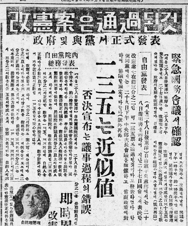 1954년 11월 30일자 대구매일신문 1면에 실린 개헌통과 관련기사.