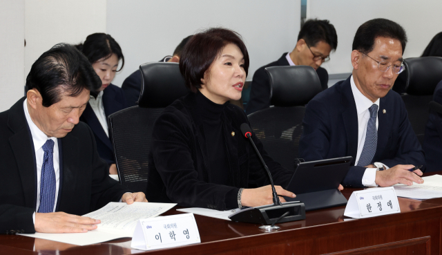 더불어민주당 한정애 정책위의장이 23일 국회 의원회관에서 열린 고용노동부와의 당정 협의에서 발언하고 있다. 연합뉴스