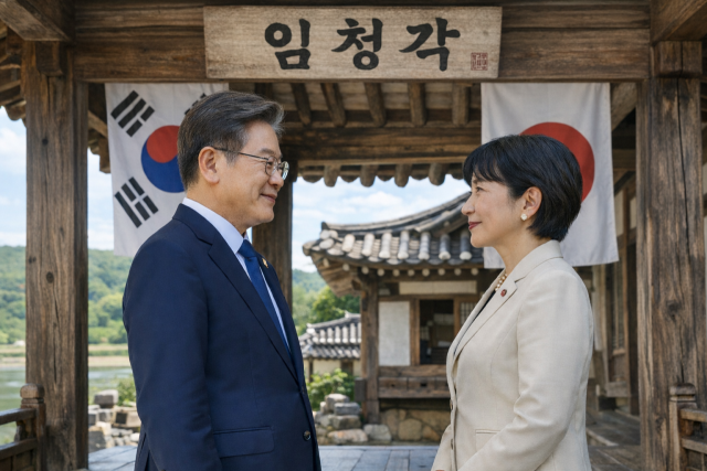 안동 임청각에서 이재명 대통령과 다카이치 사나에 일본 총리의 만남을 쳇GPT가 제작한 이미지.