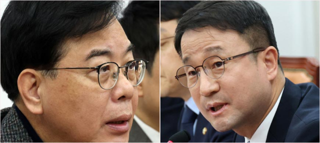 국민의힘 송언석 원내대표가 2일 국회에서 열린 최고위원회의에서 발언하고 있는 가운데 송 원내대표의 안경에 장동혁 대표의 모습이 비치고 있다. (왼쪽)/더불어민주당 한병도 원내대표가 2일 국회에서 현안 관련 기자간담회를 하고 있다. 연합뉴스