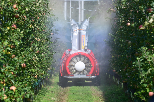 과수업계도 대부분 기계화가 진행됐다. 살포기를 통해 주기적으로 예방·치료제를 사용할 수 있어 일손이 많이 덜어졌다. 청송군 제공