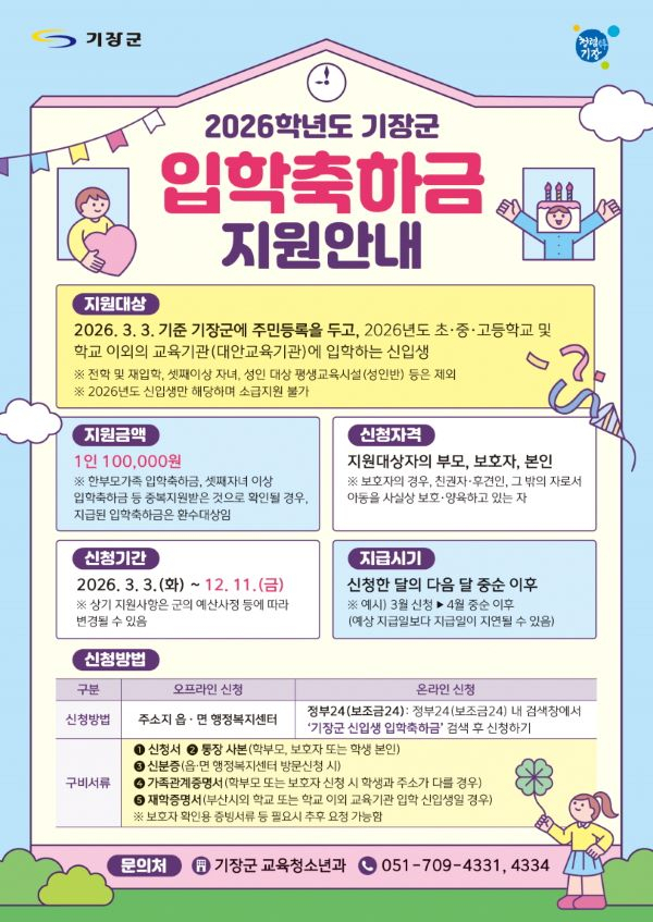 입학축하금 안내문. [사진=기장군]