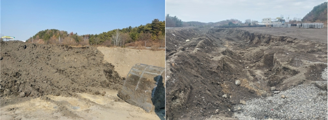 좌: 제보 당시 둔덕 규모로 쌓인 폐기물 모습. 우: 훼손된 현장 사진.