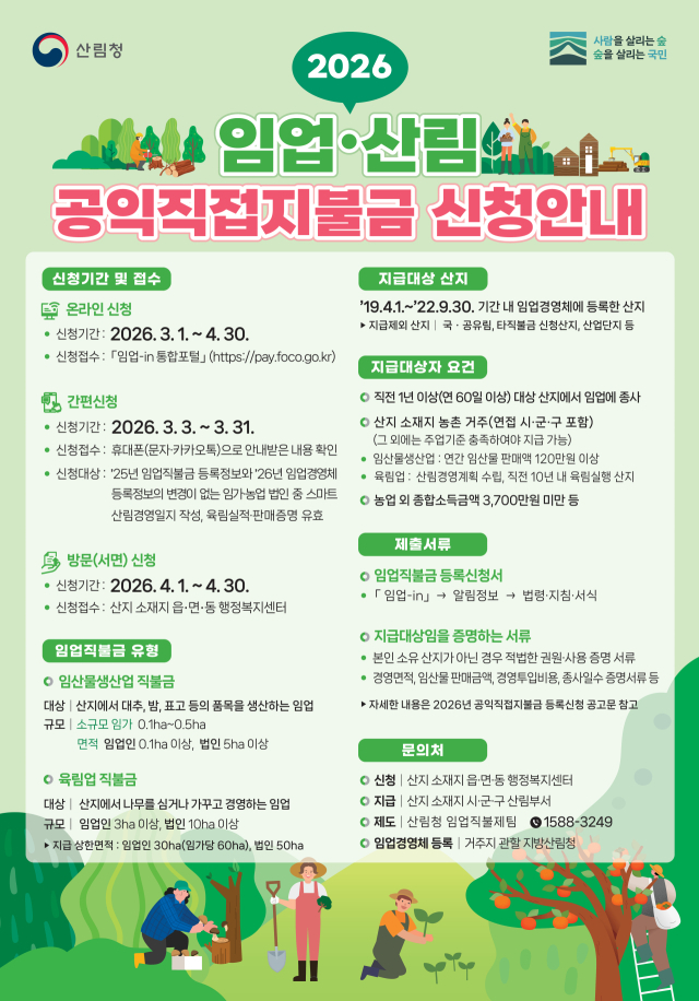 봉화군, 임업·산림 공익직불금 4월 30일까지 접수