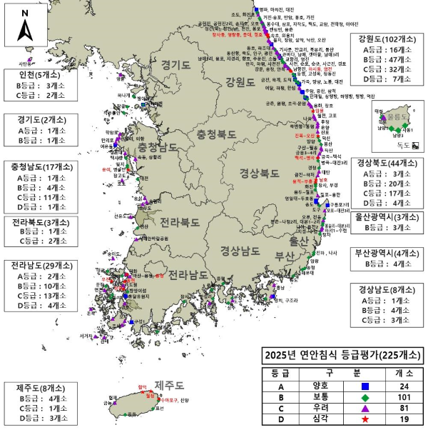 연안침식 등급평가 현황 지도. [사진=해수부]