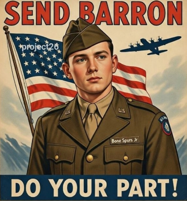 도널드 트럼프 미국 대통령 아들 배런 트럼프의 이란 전쟁 참전(입대)을 요구하는 내용의 AI(인공지능) 생성 이미지가 최근 SNS를 중심으로 확산했다. X 캡처