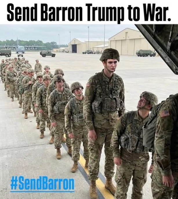 도널드 트럼프 미국 대통령 아들 배런 트럼프의 이란 전쟁 참전(입대)을 요구하는 내용의 합성 이미지가 최근 SNS를 중심으로 확산했다. X 캡처