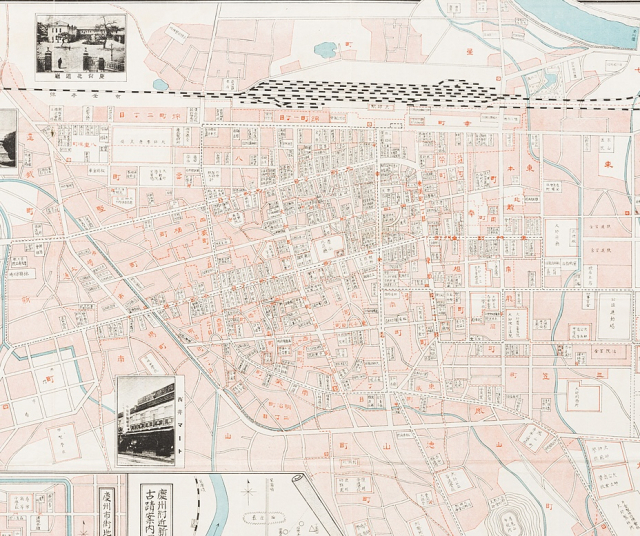 대구부 상공 안내도 부분 확대본. 중앙대로와 십자도로 중심으로 상공업체가 포진돼 있는 모습을 볼 수 있다. 특히 사람과 물자가 이동하는 대구역 앞이 가장 많은 업체가 포진돼 있던 곳이었다. 대구근대역사관 제공.