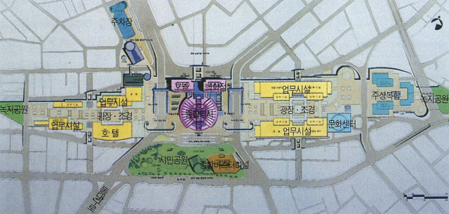 1996년 대구시 시정현황에 담긴 동대구역 역세권 개발 계획. 단순히 물자와 사람을 이동시키는 역이 아니라, 금융과 업무, 숙박, 상업시설이 모두 자리잡은 곳이었다. 이뿐만 아니라 녹지공원과 광장, 문화센터 등 휴식공간도 지을 예정이었다. 다만 이 계획은 실현되지 않았다. 대구시 제공.