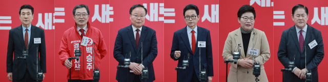 6·3 지방선거 경북도지사에 도전하는 국민의힘 예비후보들이 11일 서울 영등포구 여의도 국민의힘 중앙당사에서 열린 광역단체장 후보 면접을 마치고 각각 취재진 질문에 답하고 있다. 왼쪽부터 이강덕 전 포항시장, 백승주 전 의원, 국민의힘 김재원 최고위원, 이철우 경북도지사, 국민의힘 임이자 의원, 최경환 전 경제부총리. 연합뉴스