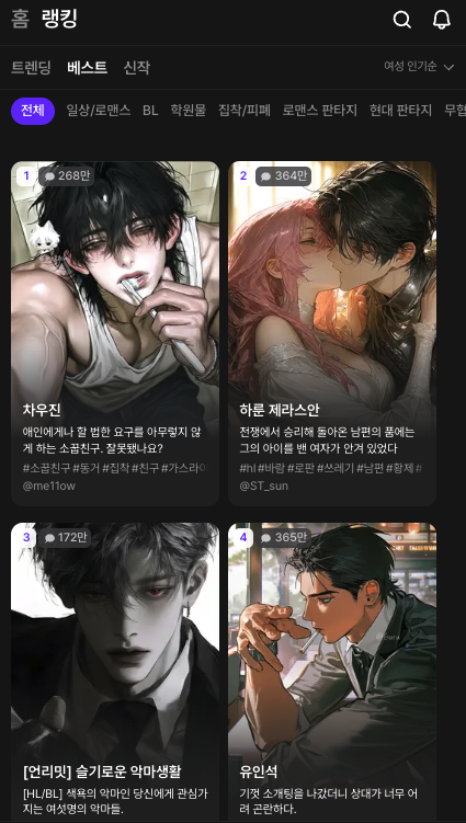 제타 앱에 접속하면 첫 화면으로 보이는 이미지. 간단한 캐릭터 설명과 이미지가 나열돼 있다. 스크롤을 내리면 더 많은 캐릭터들과 만나볼 수 있다.