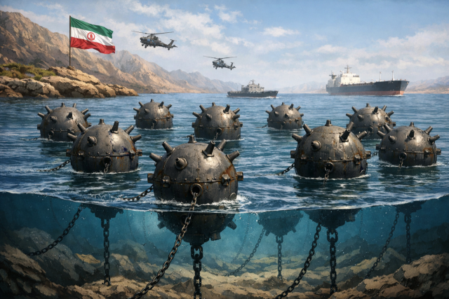 호르무즈 해협에 설치된 기뢰 이미지. 자료사진 챗GPT