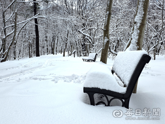 등산로에 설치된 벤치에는 눈이 30cm 가량 쌓여있었다.조준호 기자