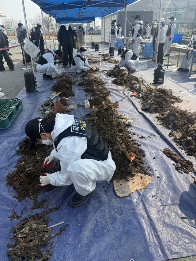 12일 국토교통부와 항공철도사고조사위원회, 전남과학청 과학수사대 관계자들이 무안국제공항 공항소방대 뒤편에 보관된 여객기 잔해를 조사하고 있다. 이날 현장에서는 희생자로 추정되는 유해 24점이 발견됐다. 연합뉴스