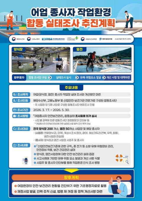 해수부·고용노동부, 양식장·염전 작업환경 합동조사