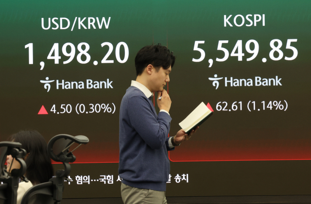원/달러 환율이 3.8원 오른 1,497.5원에 거래를 마친 16일 서울 중구 하나은행 딜링룸 전광판에 환율과 코스피가 표시돼있다. 이날 코스피는 전장보다 62.61포인트(1.14%) 오른 5,549.85로 거래를 마쳤다. 코스닥 지수는 14.67포인트(1.27%) 내린 1,138.29에 장을 끝냈다. 연합뉴스
