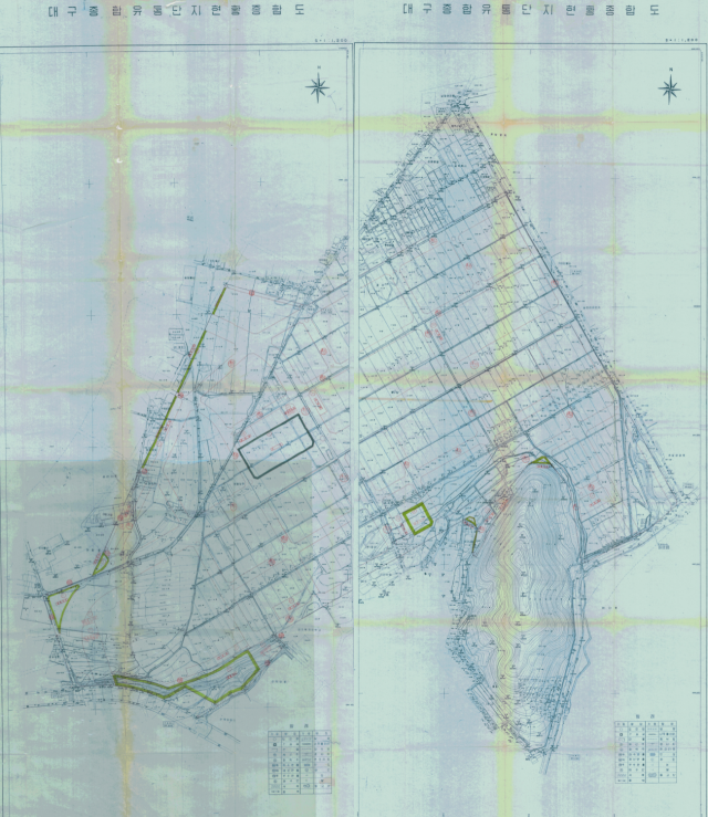 1993년 산격유통업무설비 도시계획 시설사업 토지이용계획도. 유통업무설비와 산격유통단지를 모두 포함한 계획이다. 이후 조성 단계에서는 면적이 줄고, 업체들이 자체 공사를 실시했다. 대구광역시 제공.